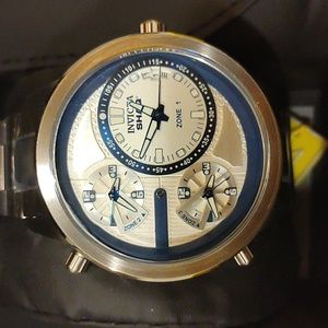Invicta Shaq NWT 53mm Navy Blue/Silver Dial Tri Time Bracelet Watch
